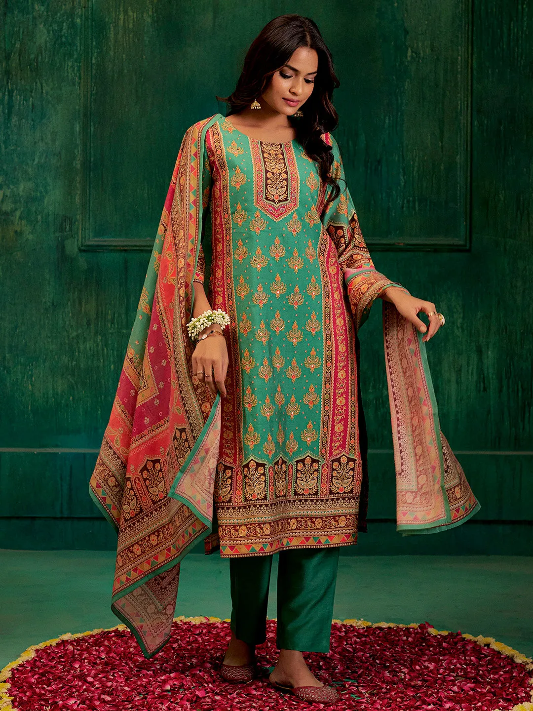 Sea Green Embellished Ethnic Printed Festive  Kurta Set With Dupatta