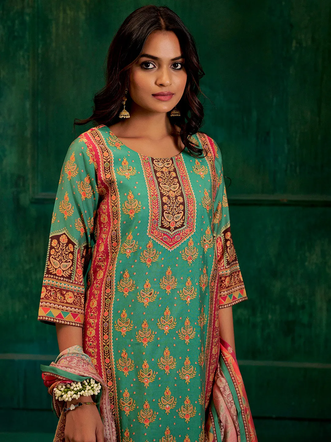 Sea Green Embellished Ethnic Printed Festive  Kurta Set With Dupatta
