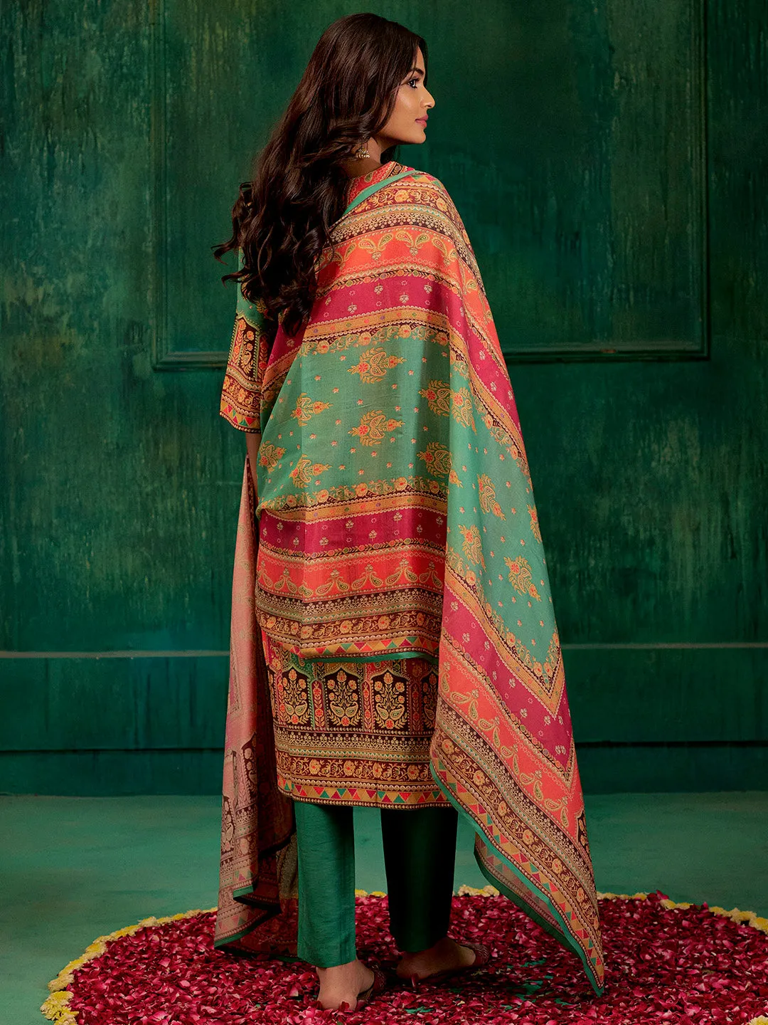 Sea Green Embellished Ethnic Printed Festive  Kurta Set With Dupatta