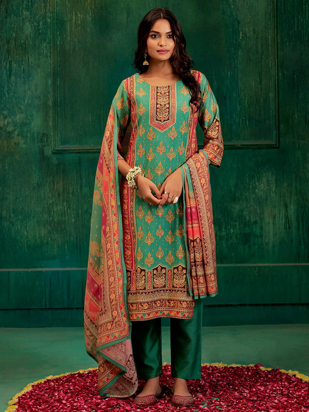 Sea Green Embellished Ethnic Printed Festive  Kurta Set With Dupatta