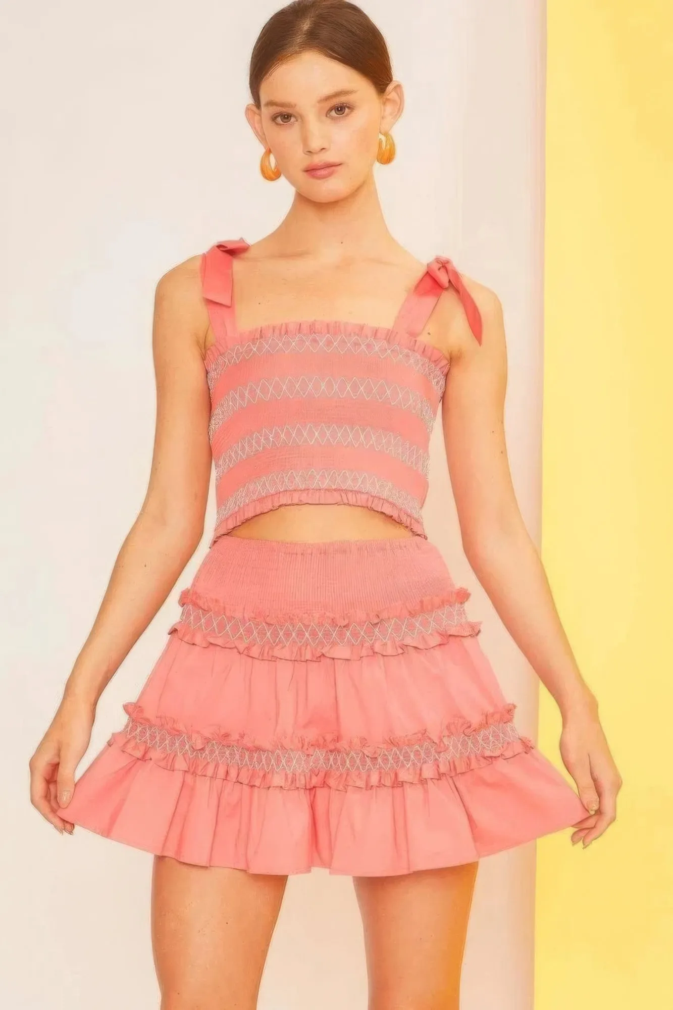 Self-Tie Shoulder Smocking Ruffle Crop Top