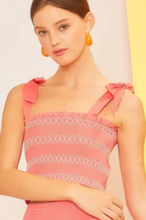 Self-Tie Shoulder Smocking Ruffle Crop Top