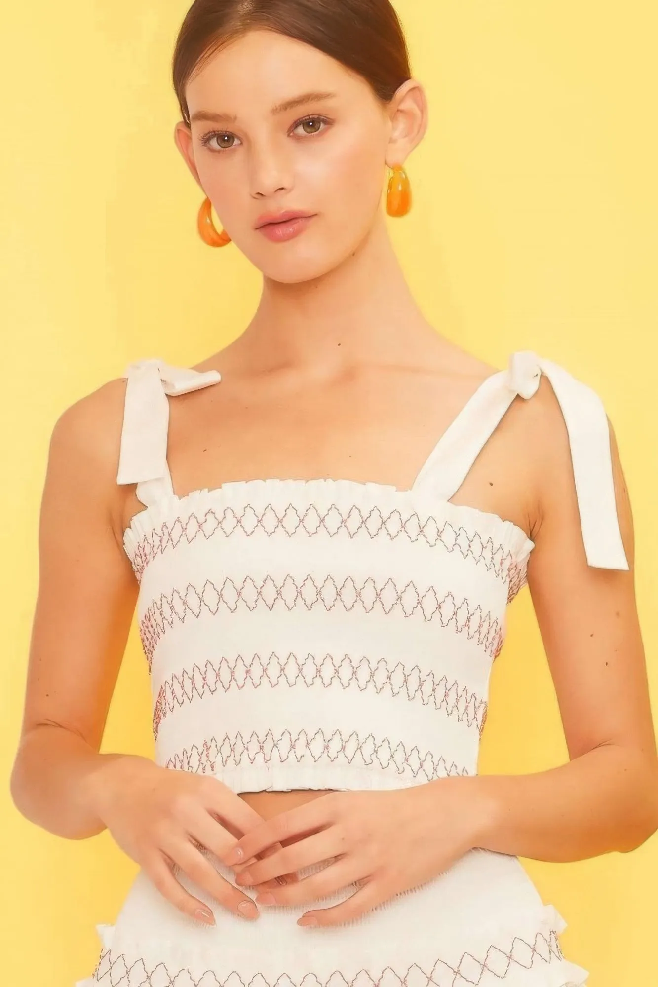 Self-Tie Shoulder Smocking Ruffle Crop Top