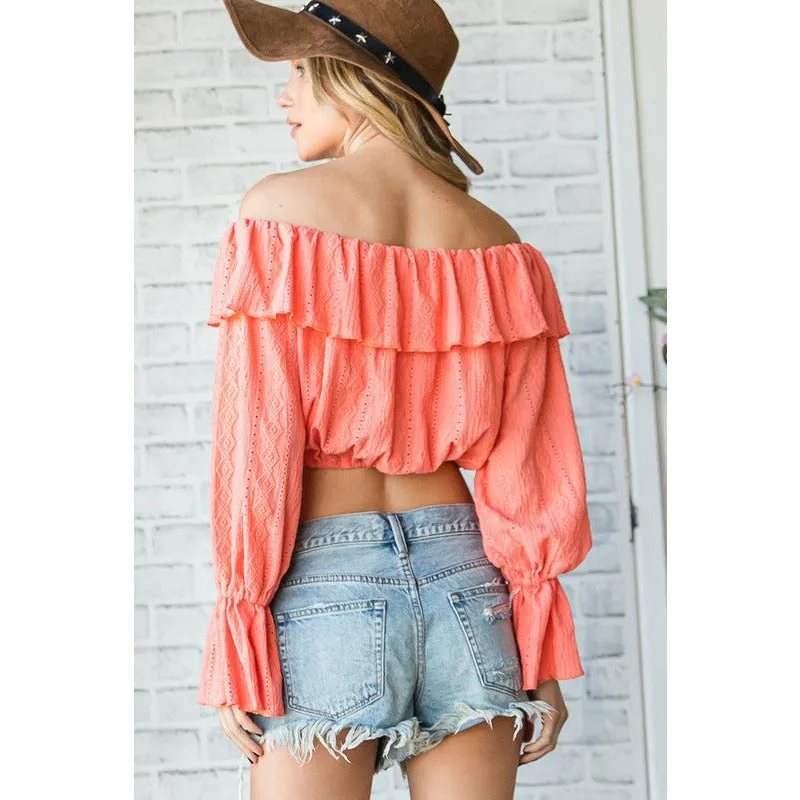Serene Kinda Day Off Shoulder Ruffle Crop Top - Coral