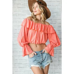Serene Kinda Day Off Shoulder Ruffle Crop Top - Coral
