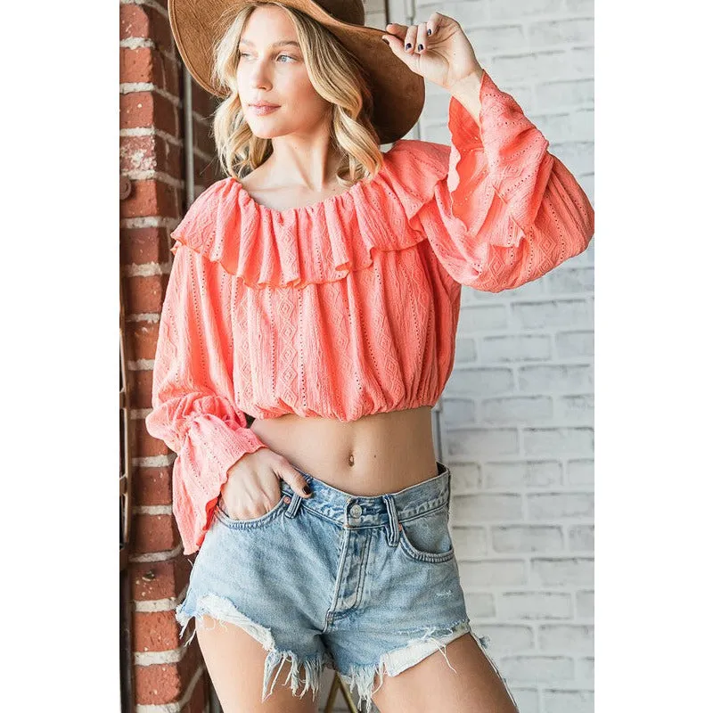 Serene Kinda Day Off Shoulder Ruffle Crop Top - Coral