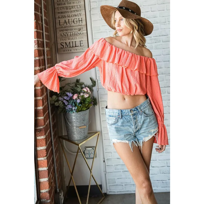 Serene Kinda Day Off Shoulder Ruffle Crop Top - Coral