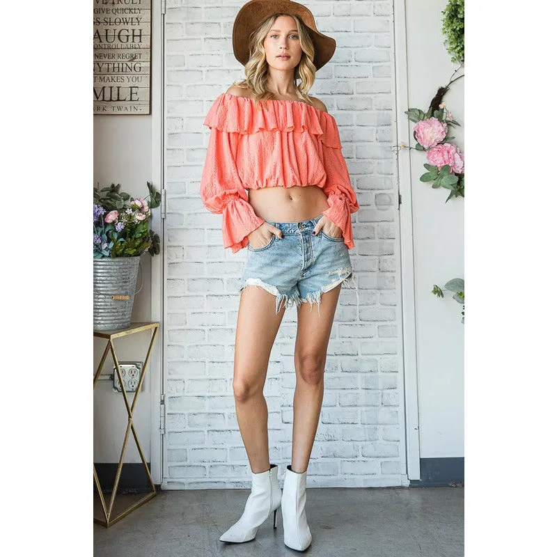 Serene Kinda Day Off Shoulder Ruffle Crop Top - Coral