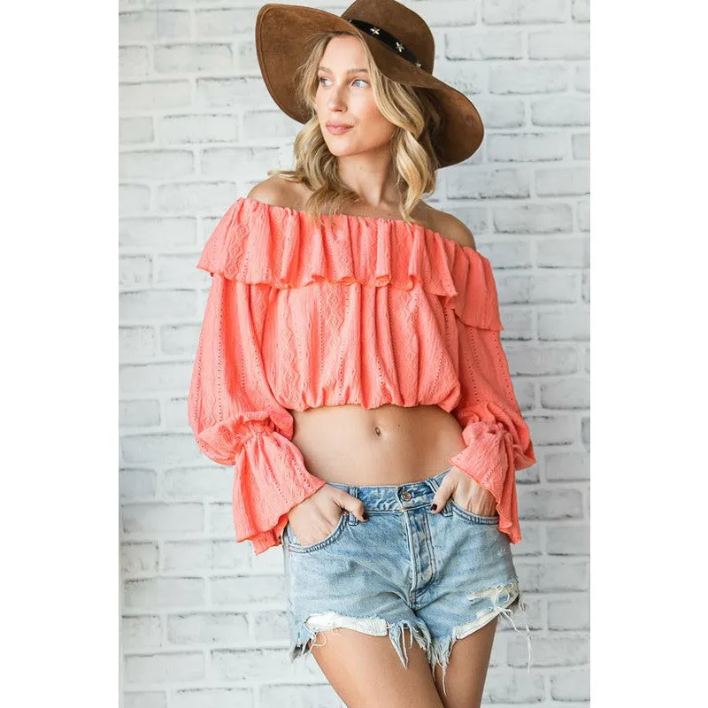 Serene Kinda Day Off Shoulder Ruffle Crop Top - Coral