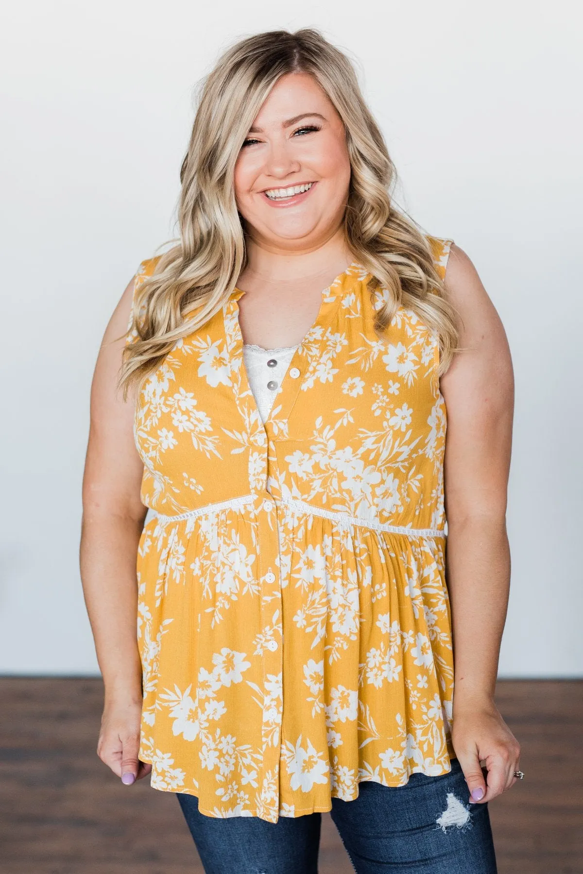 Set Me Free Floral Babydoll Tank Top- Golden Yellow