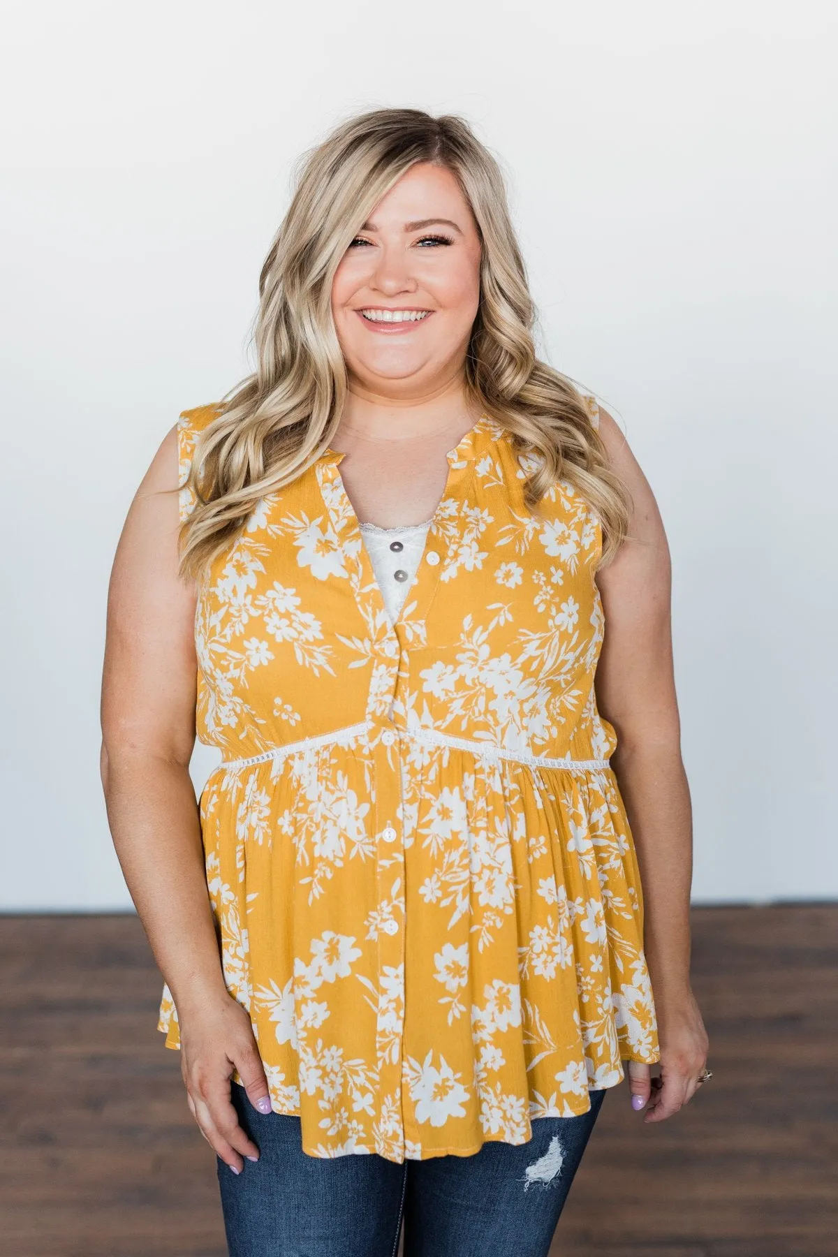 Set Me Free Floral Babydoll Tank Top- Golden Yellow