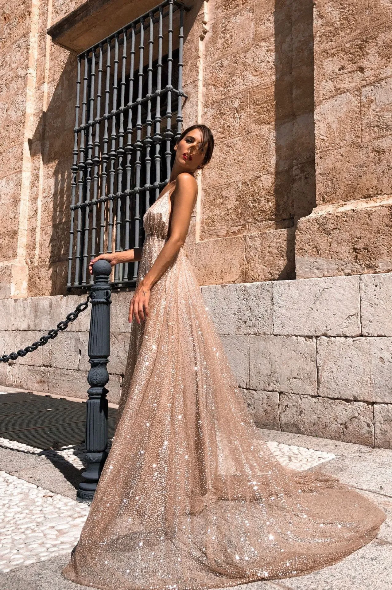 Sexy A line Deep V Neck Spaghetti Straps Backless Prom Dresses, Sequins Long Party Dress CA353