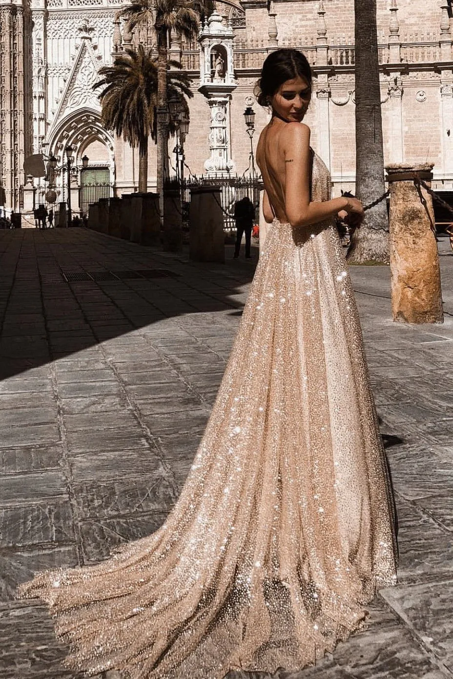 Sexy A line Deep V Neck Spaghetti Straps Backless Prom Dresses, Sequins Long Party Dress CA353