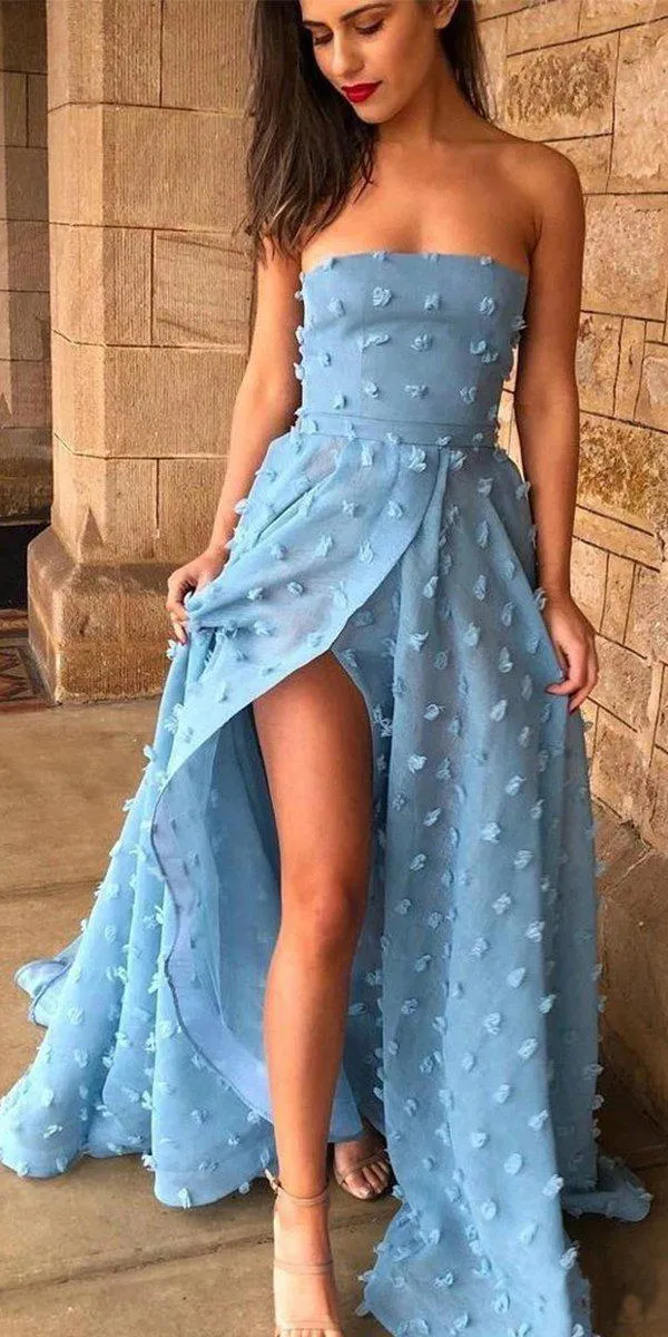 Sexy A line See Through Strapless Slit Backless Blue Prom Dresses with Appliques, PDS0052