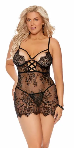 Sexy Astonish Plus Size Eyelash Lace Strappy Babydoll and G-String