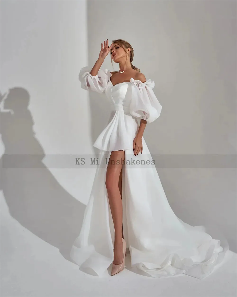 Sexy Beach White Wedding Dresses Organza 2022 Bride Dress Puff Short Sleeve Plus Size Wedding Gowns Corset Back Split Couture