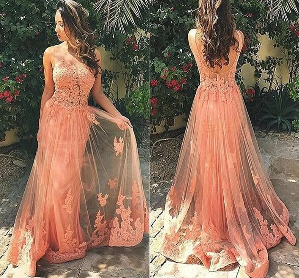 Sexy Coral Lace Tulle Prom Dresses with Sheer Neckline Long Prom Gowns Party Dress