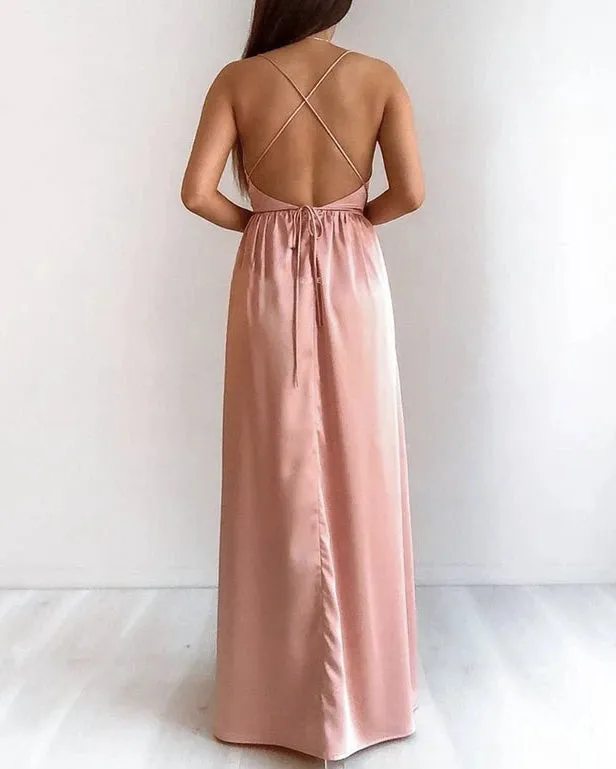 Sexy Coral Silk Satin Bridesmaid Dress Spaghetti Straps Backless A-line Party Gowns 2022