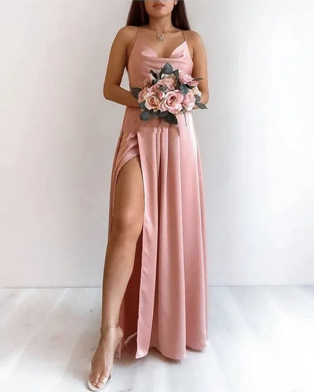 Sexy Coral Silk Satin Bridesmaid Dress Spaghetti Straps Backless A-line Party Gowns 2022