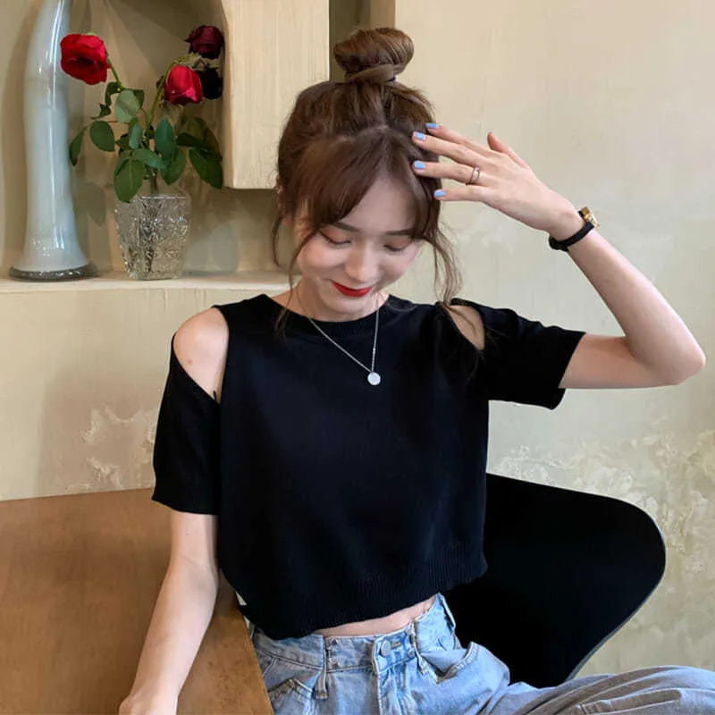 Sexy Cut Shoulder Cropped Slim Shirt