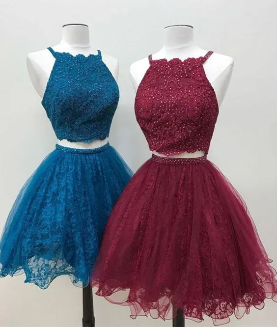 Sexy Short Two Piece Prom Dresses Turquoise Tulle Lace Homecoming Dress 2018 New