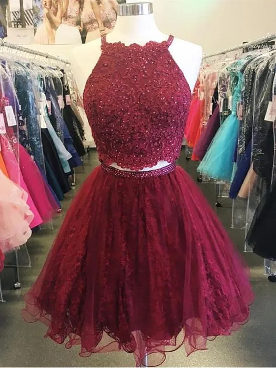 Sexy Short Two Piece Prom Dresses Turquoise Tulle Lace Homecoming Dress 2018 New