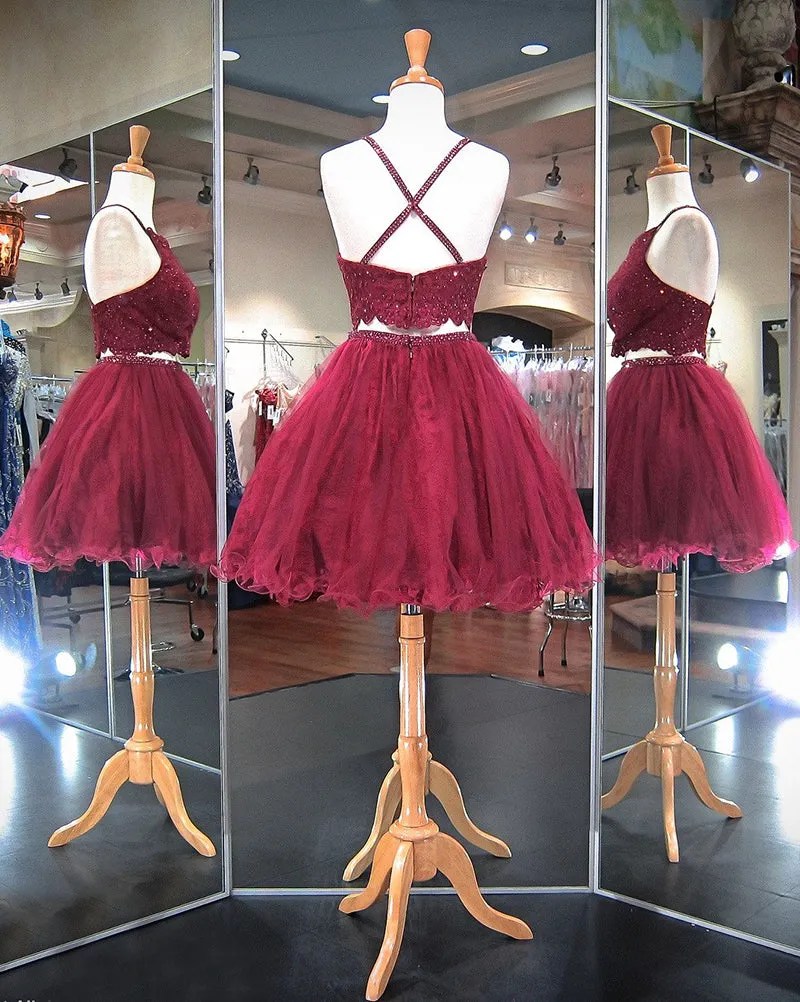 Sexy Short Two Piece Prom Dresses Turquoise Tulle Lace Homecoming Dress 2018 New