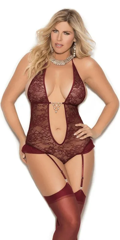 Sexy Show Me Plus Size Wine Ultra Plunge Lace Halterneck Teddy