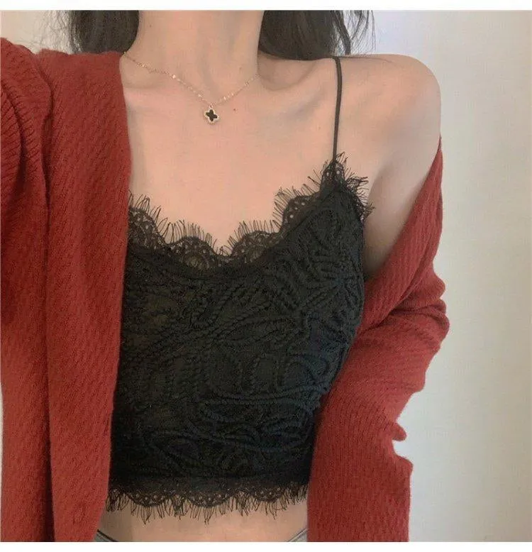 Sexy Solid Elegant Lace Spaghetti Strap Crop Tops