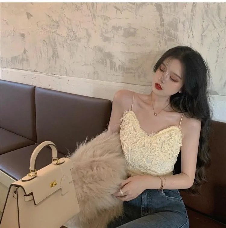 Sexy Solid Elegant Lace Spaghetti Strap Crop Tops