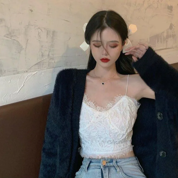 Sexy Solid Elegant Lace Spaghetti Strap Crop Tops
