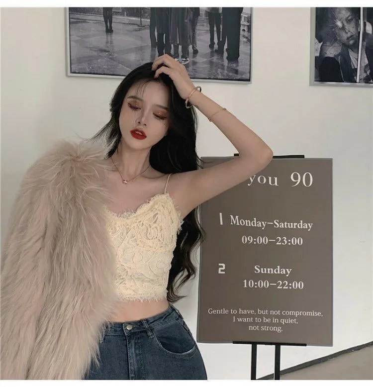 Sexy Solid Elegant Lace Spaghetti Strap Crop Tops