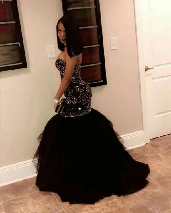 Sexy Sweetheart Black Mermaid Evening Dresses Beaded Rhinestones 2018 Long Tulle Prom Gowns Pageant Dresses
