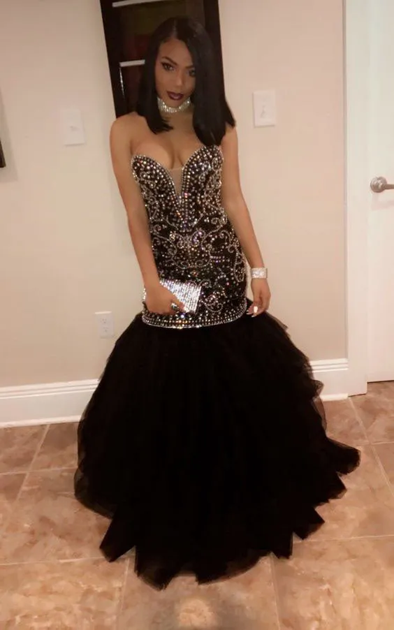 Sexy Sweetheart Black Mermaid Evening Dresses Beaded Rhinestones 2018 Long Tulle Prom Gowns Pageant Dresses