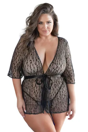 Sheer Black Leopard Lace Plus Size Robe
