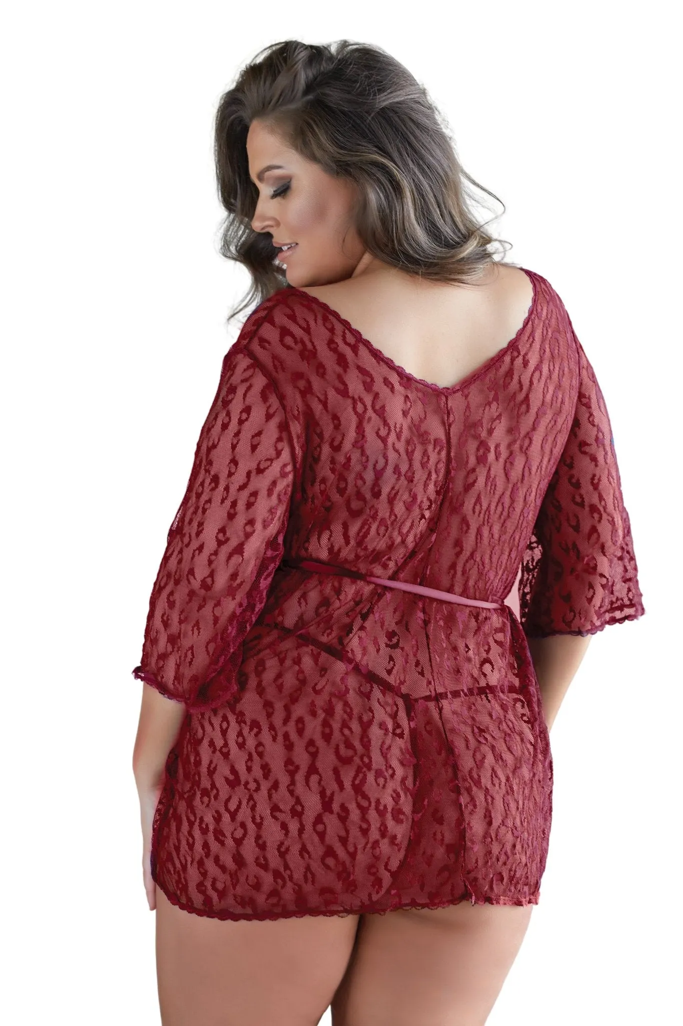 Sheer Burgundy Leopard Lace Plus Size Robe