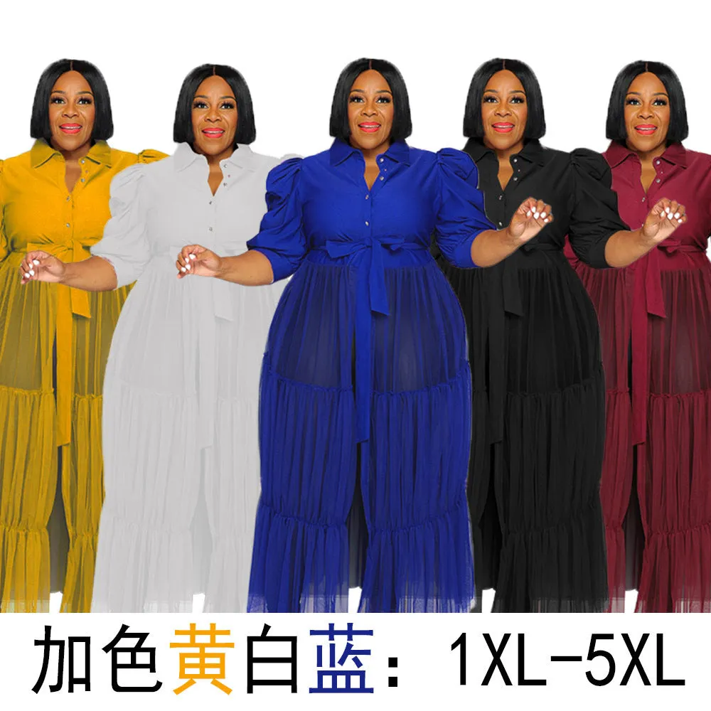 Sheer Mesh Cake Dress plus Size Belted Breathable Short Sleeve Jumpsuits