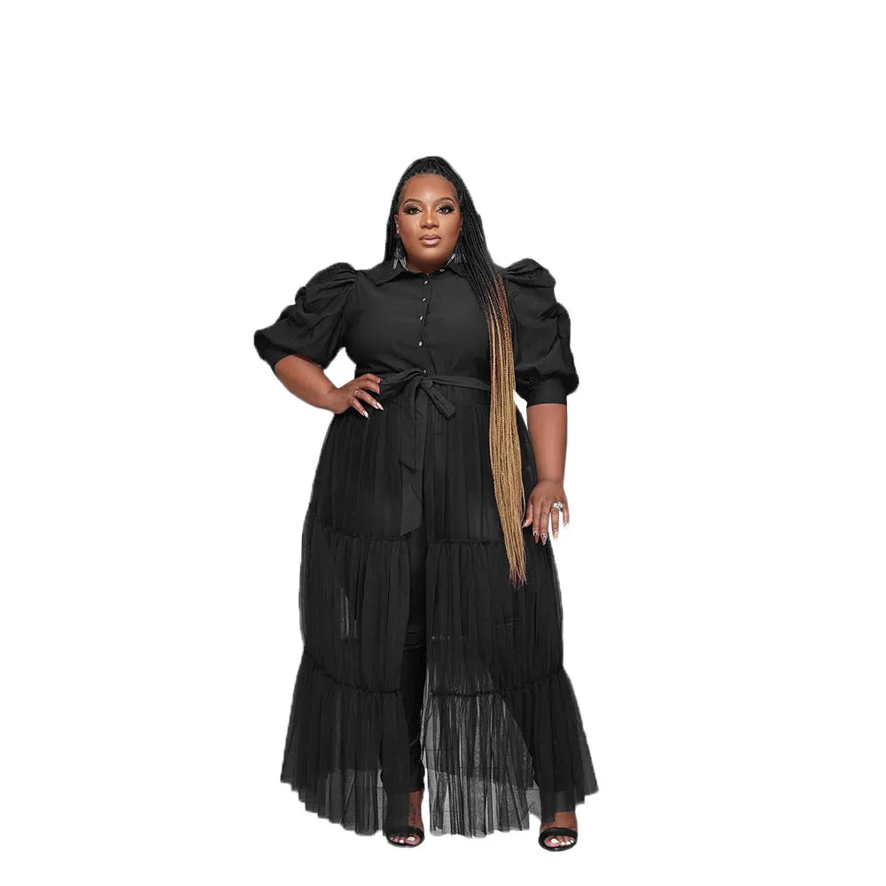 Sheer Mesh Cake Dress plus Size Belted Breathable Short Sleeve Jumpsuits