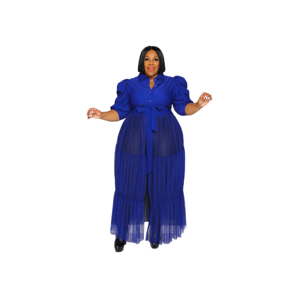 Sheer Mesh Cake Dress plus Size Belted Breathable Short Sleeve Jumpsuits