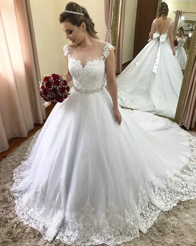 Shiny Lace Wedding Dresses Ball Gowns for Brides 2019 Bridal Gowns with Belt Beaded