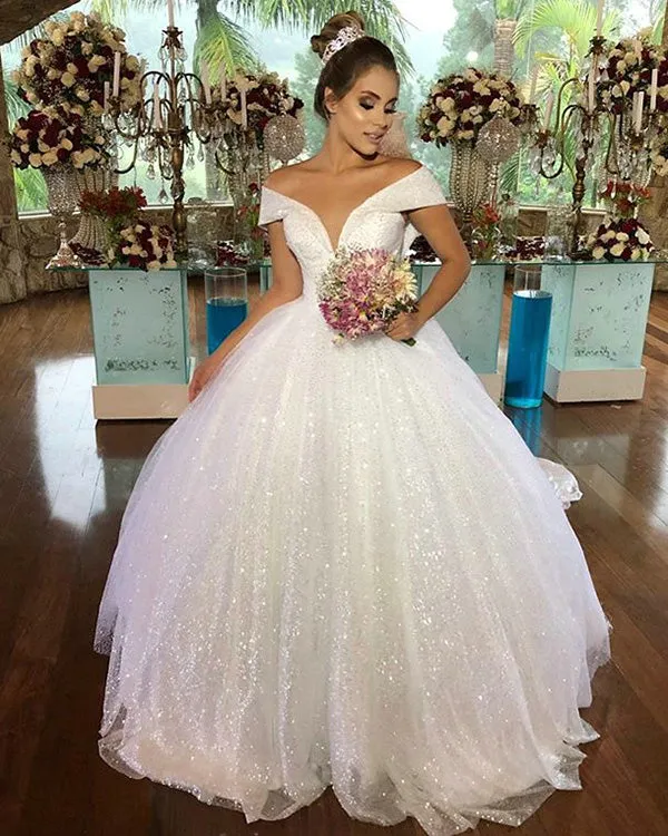 Shiny Sequins Ball Gown Wedding Dresses Off The Shoulder Elegant 2019 Bridal Gowns