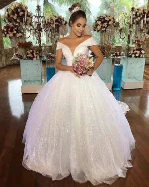 Shiny Sequins Ball Gown Wedding Dresses Off The Shoulder Elegant 2019 Bridal Gowns