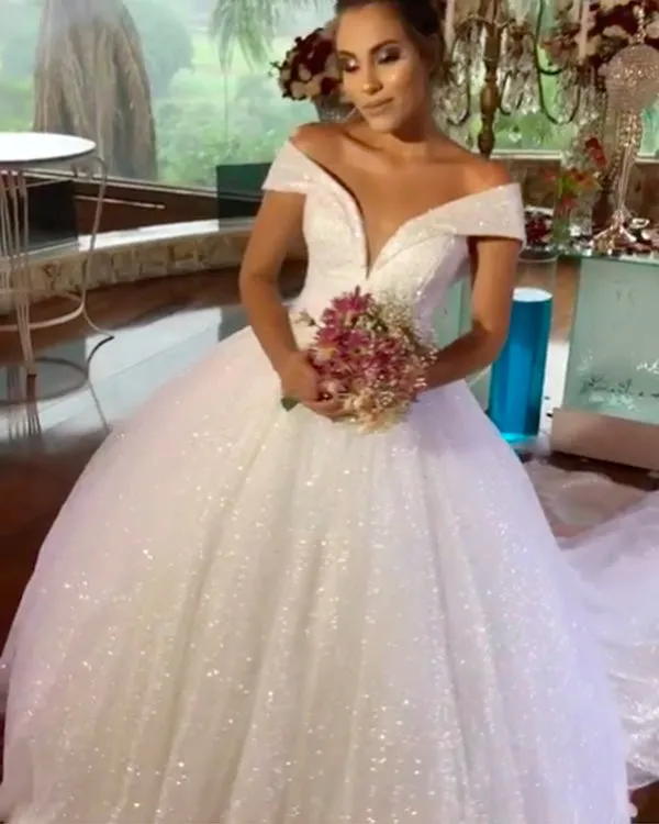 Shiny Sequins Ball Gown Wedding Dresses Off The Shoulder Elegant 2019 Bridal Gowns