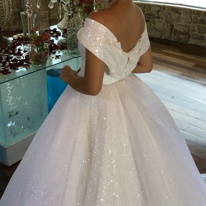 Shiny Sequins Ball Gown Wedding Dresses Off The Shoulder Elegant 2019 Bridal Gowns