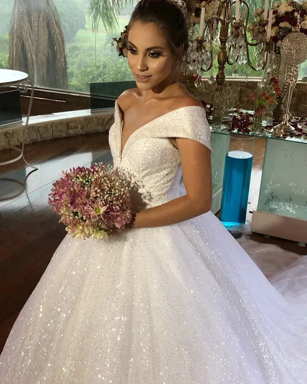 Shiny Sequins Ball Gown Wedding Dresses Off The Shoulder Elegant 2019 Bridal Gowns