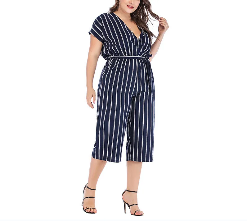 Short Sleeve V-neck Striped Plus Size Jumpsuit