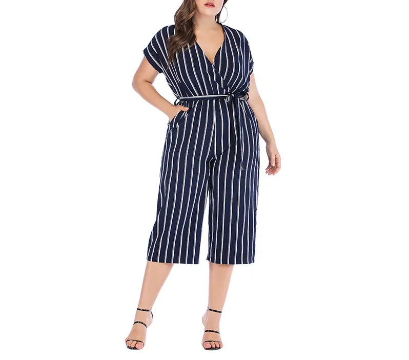 Short Sleeve V-neck Striped Plus Size Jumpsuit