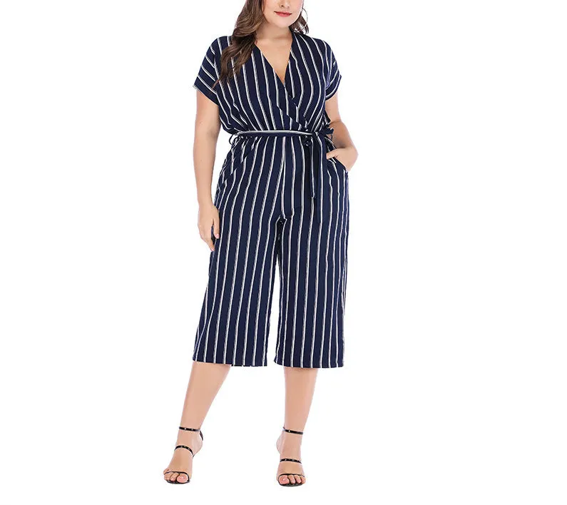 Short Sleeve V-neck Striped Plus Size Jumpsuit