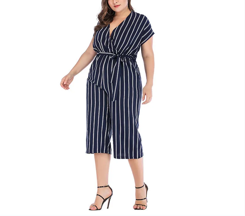 Short Sleeve V-neck Striped Plus Size Jumpsuit
