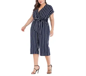 Short Sleeve V-neck Striped Plus Size Jumpsuit